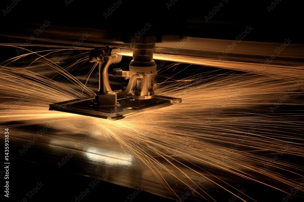 Precision Industrial Cutting Process with Sparks and Flames at Night