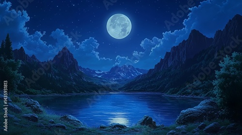 Obraz na płótnie A serene night landscape featuring a full moon over a tranquil lake. w salonie