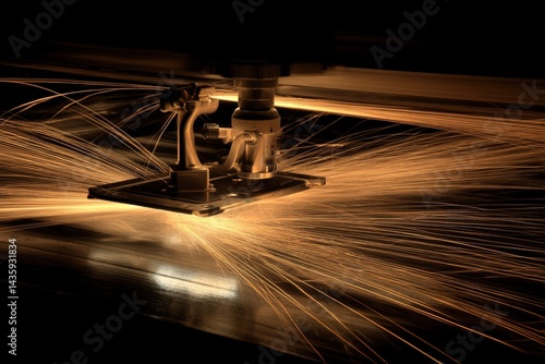 Obraz na płótnie Precision Industrial Cutting Process with Sparks and Flames at Night w salonie