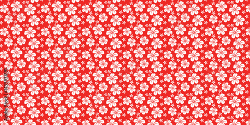 Seamless Hibiscus Pattern on Red Background