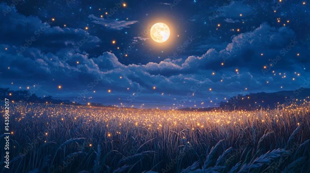 A magical night scene with a glowing moon illuminating a field of fireflies.