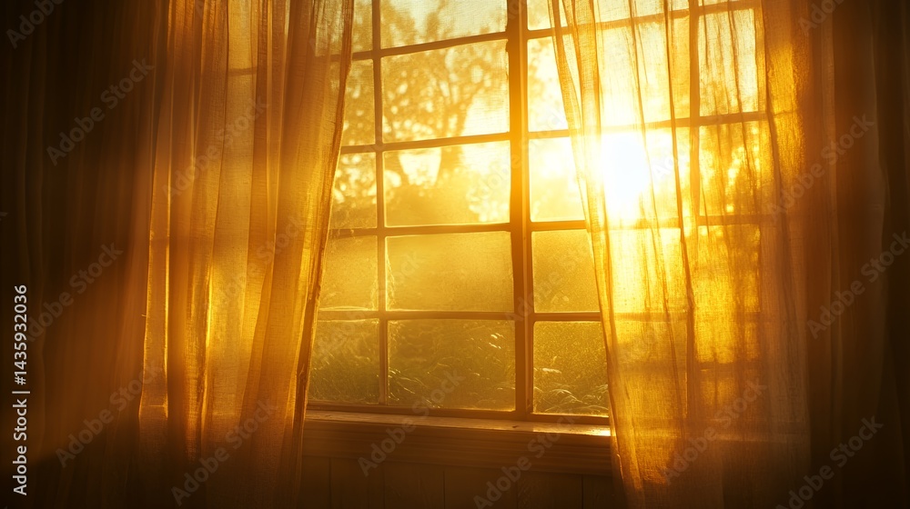Sunlight streaming through sheer curtains, creating a warm golden glow.