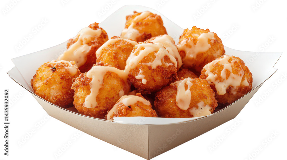 a serving of golden. crispy potato tots drizzled with a creamy sauce. presented in a paper tray the dish appears appetizing and is likely intended for a quick snack or side dish. appealing to those se a serving of golden. crispy potato tots drizzled with a creamy sauce. presented in a paper tray the dish appears appetizing and is likely intended for a quick snack or side dish. appealing to those se