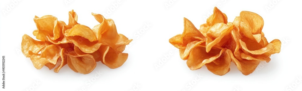 Two piles of caramel-flavored potato chips isolated on a white background with a clipping path, showing a top view and a side view Two piles of caramel-flavored potato chips isolated on a white background with a clipping path, showing a top view and a side view