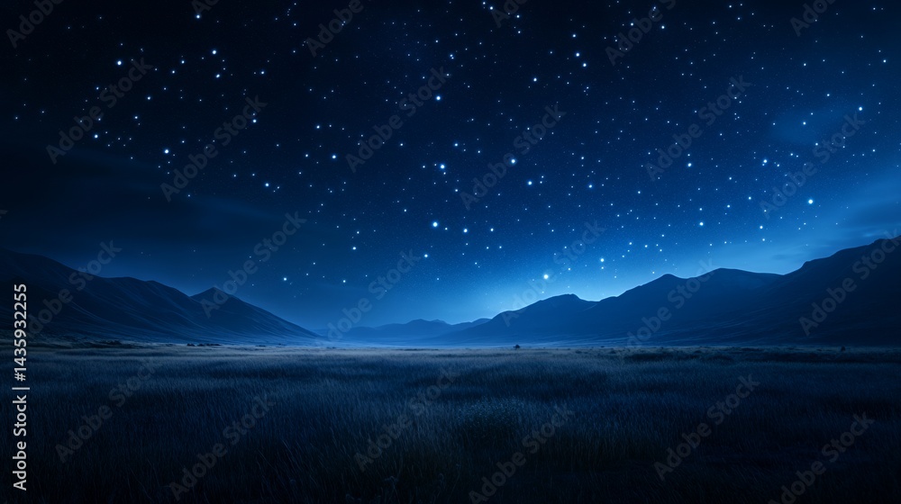Serene nighttime landscape under a starry sky with distant mountains.