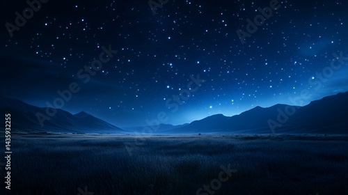 Obraz na płótnie Serene nighttime landscape under a starry sky with distant mountains. w salonie