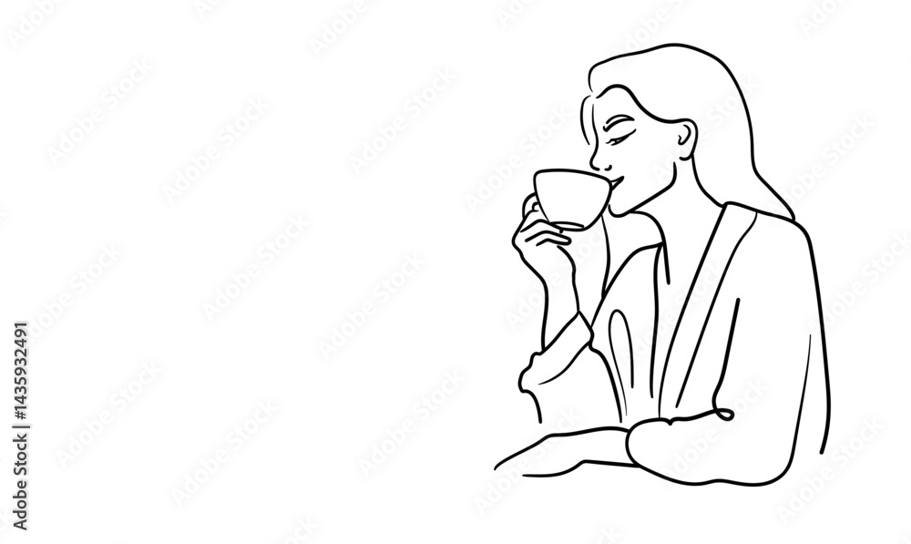Obraz premium Woman drink coffee, line art drawing. Barista made tea on white background. Enjoying the moment now. Vector illustration