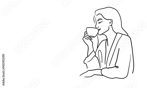 Woman drink coffee, line art drawing. Barista made tea on white background. Enjoying the moment now. Vector illustration