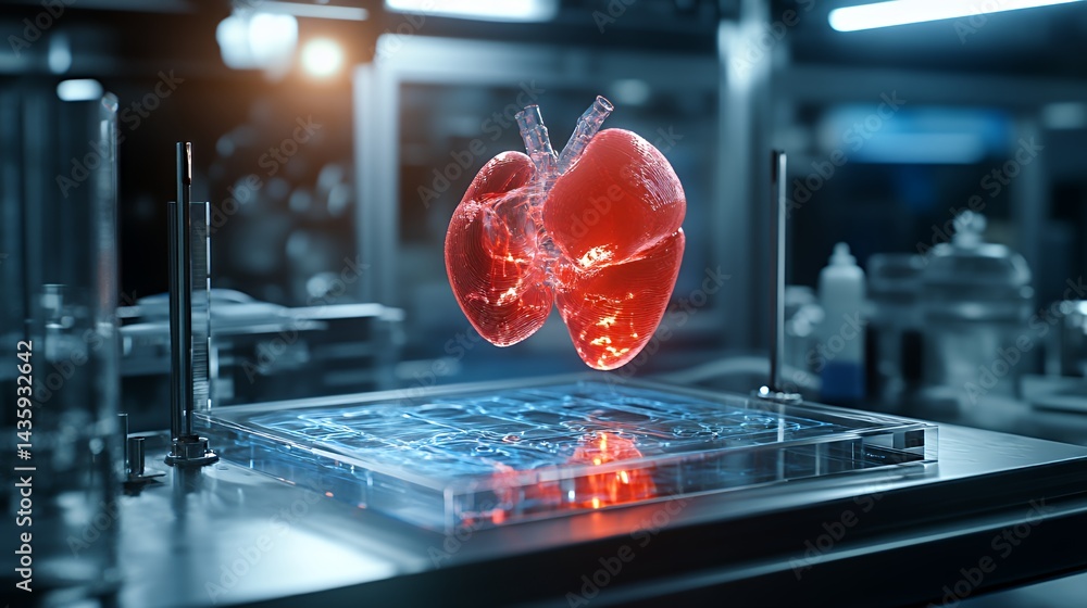 3D hologram of human lungs in a high-tech laboratory setting.