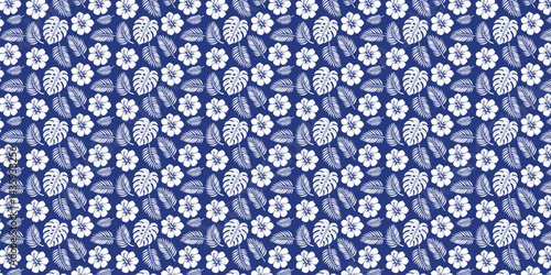 Whimsical Tropical Flower and Leaf Pattern on a Deep Blue Background