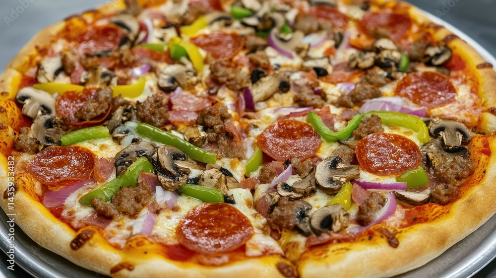 pizza with pepperoni, mushrooms, bell peppers, onions, and sausage. pizza with pepperoni, mushrooms, bell peppers, onions, and sausage.