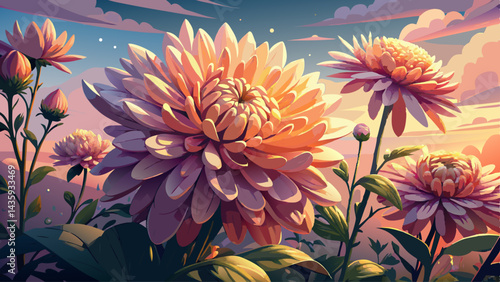 Chrysanthemum blooms drenched in morning dew, their petals glistening in the soft light of dawn