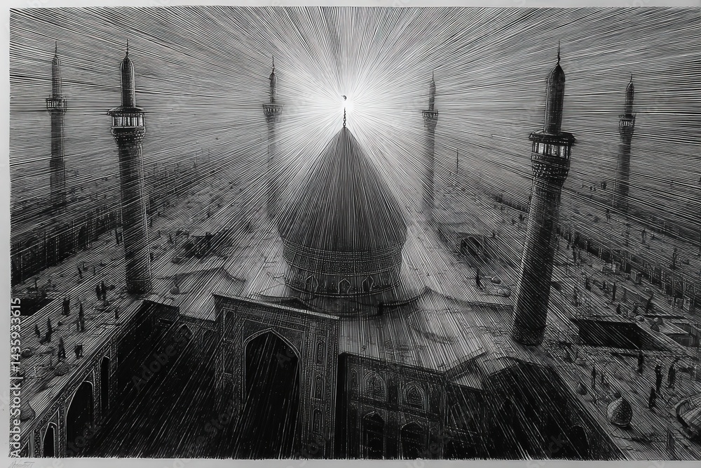 Radiant Mosque Landscape with Spires and Majestic Dome Artwork