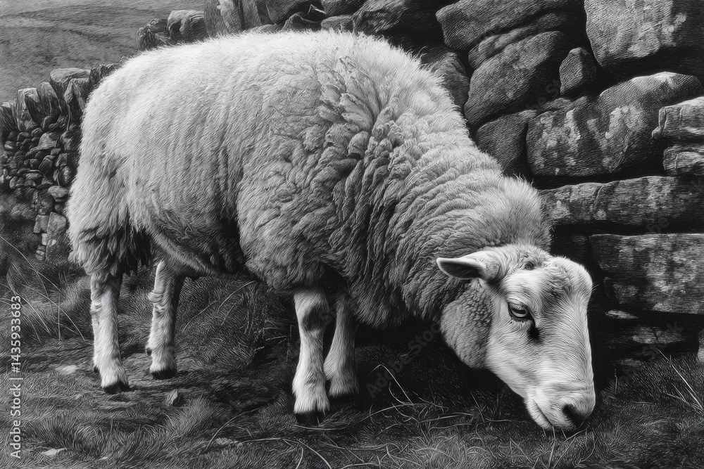 Realistic Black and White Drawing of a Sheep Grazing by a Wall