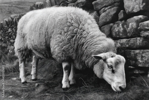 Realistic Black and White Drawing of a Sheep Grazing by a Wall