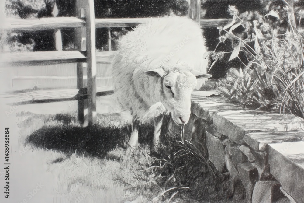 Realistic Drawing of a Sheep Grazing Near a Garden Fence in Black and White