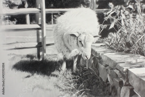 Obraz na płótnie Realistic Drawing of a Sheep Grazing Near a Garden Fence in Black and White w salonie