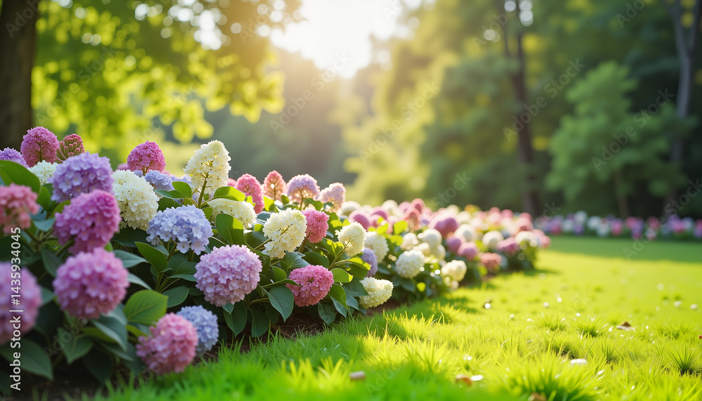 Obraz premium Elegant hydrangea border in sunny park, vibrant flower display