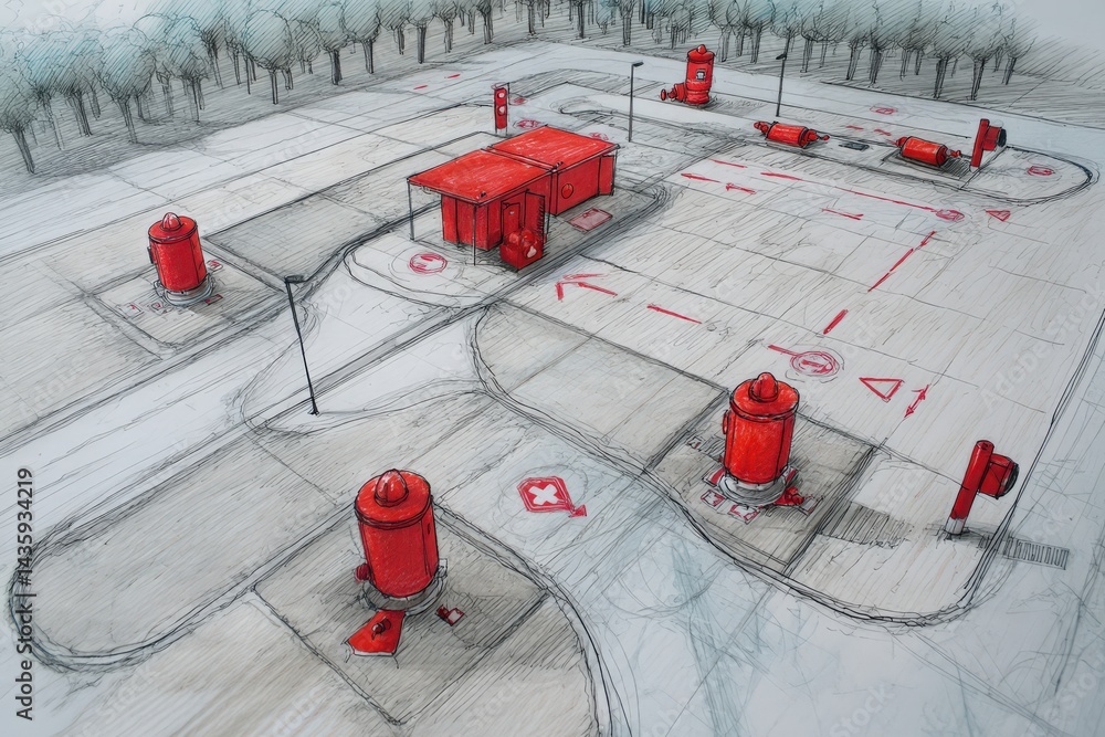 Red Fire Hydrants and Emergency Signs in Urban Layout Background Sketch