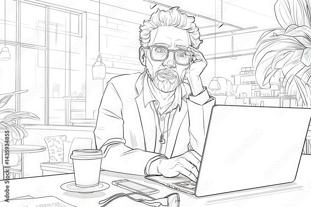 Relaxed Male Professional Working on Laptop in Modern Cafe Setting