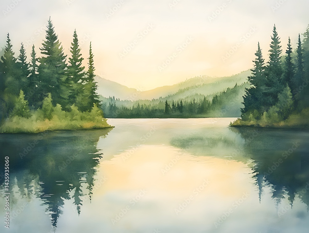 Naklejka premium Serene Lake Landscape at Sunset with Vibrant Watercolor Reflections and Misty Mountains