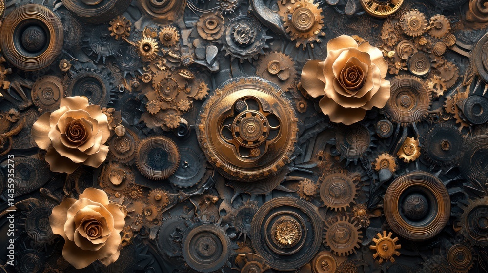 Golden Rose Gears Background, Industrial Floral Design, Abstract Art, Decorative Pattern Golden Rose Gears Background, Industrial Floral Design, Abstract Art, Decorative Pattern