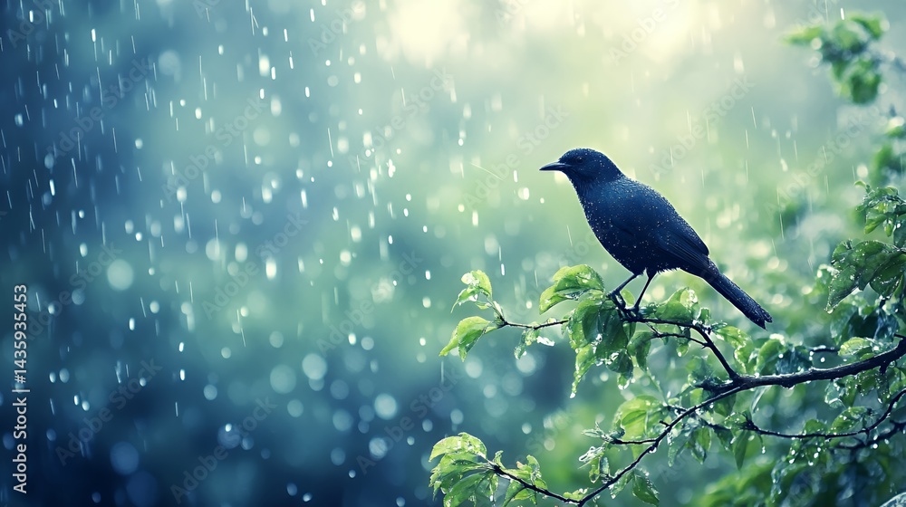 Fototapeta premium A solitary bird perched on a branch amidst a gentle rain, evoking tranquility.