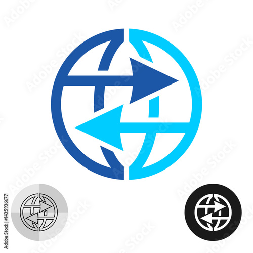World export and import logo. International trading concept symbol. Globe and arrows. Direction, navigation, travel themes. Can be used for topics like business, technology, internet.