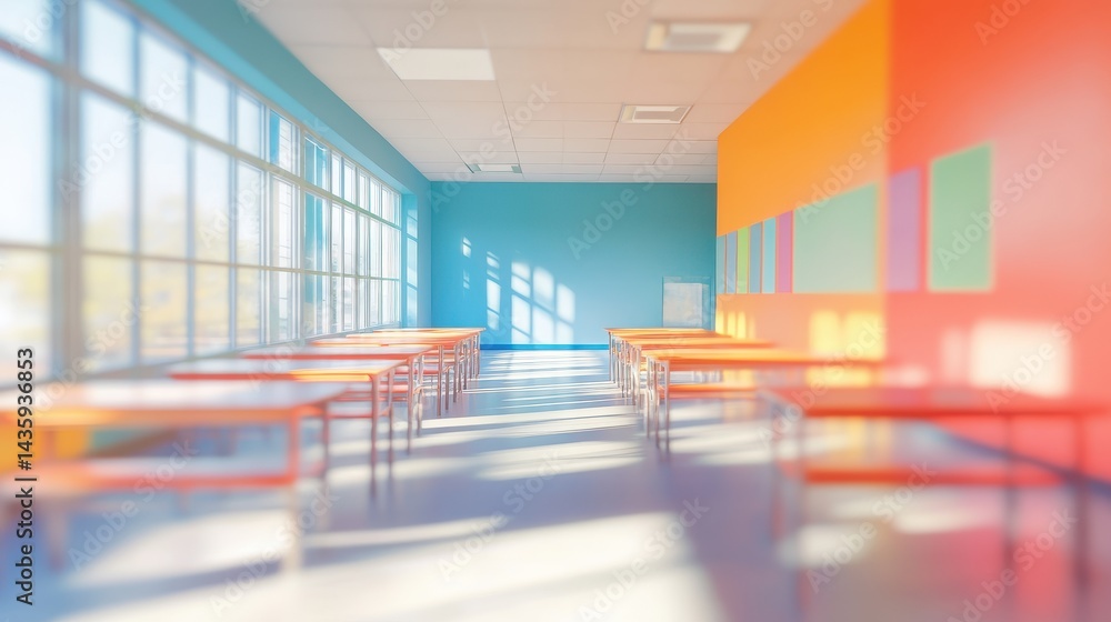 Fototapeta premium Bright, colorful classroom with desks lined up and sun streaming through windows. Ideal for back to school, education, or childhood development-themed designs.