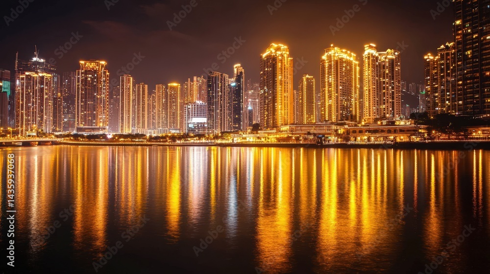Fototapeta premium A luxurious city skyline at night, with golden lights from elegant buildings reflecting on a calm river