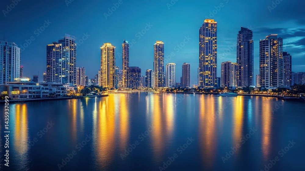 Naklejka premium A luxurious city skyline at night, with golden lights from elegant buildings reflecting on a calm river