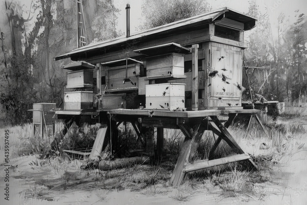 Rustic Beehive Setup in Serene Natural Environment with Bees Flying