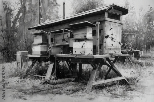 Obraz na płótnie Rustic Beehive Setup in Serene Natural Environment with Bees Flying w salonie