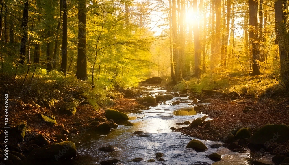Obraz premium Arroyo tranquilo del bosque al amanecer a principios de otoño, fotografía hiperrealista,