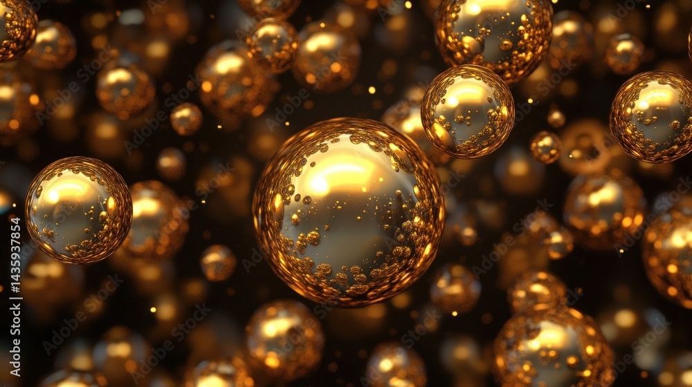 A luxurious golden bubble pattern with metallic spheres reflecting light on a dark surface A luxurious golden bubble pattern with metallic spheres reflecting light on a dark surface