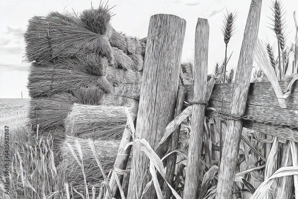 Rustic Fence and Hay Bales in Black and White Landscape Scene