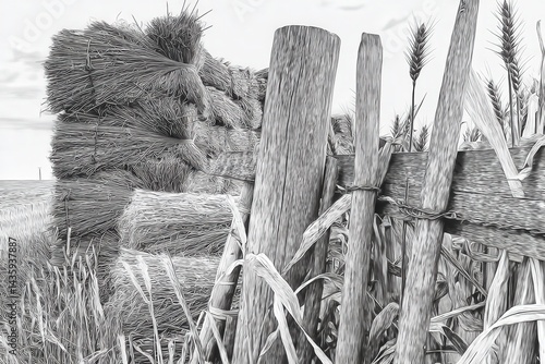 Obraz na płótnie Rustic Fence and Hay Bales in Black and White Landscape Scene w salonie