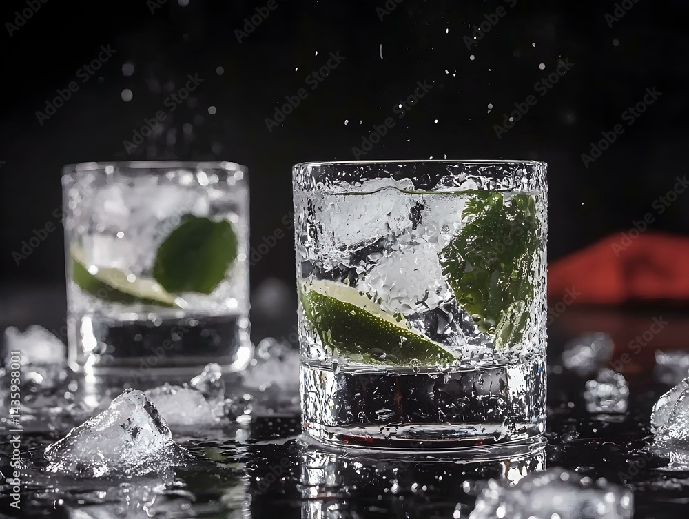 Refreshing lime water with ice cubes in a glass. Refreshing lime water with ice cubes in a glass.