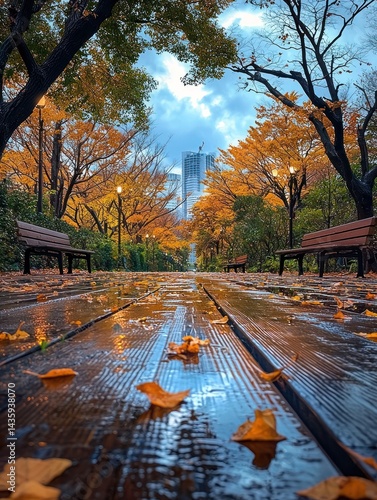 Autumn Reflections: A Serene Park Path After Rain in Tokyo, Japan