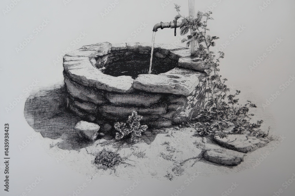 Rustic Stone Well with Water Flowing and Wild Vegetation Surrounding