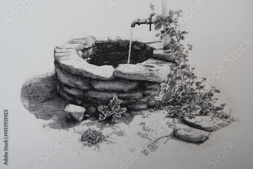 Obraz na płótnie Rustic Stone Well with Water Flowing and Wild Vegetation Surrounding w salonie