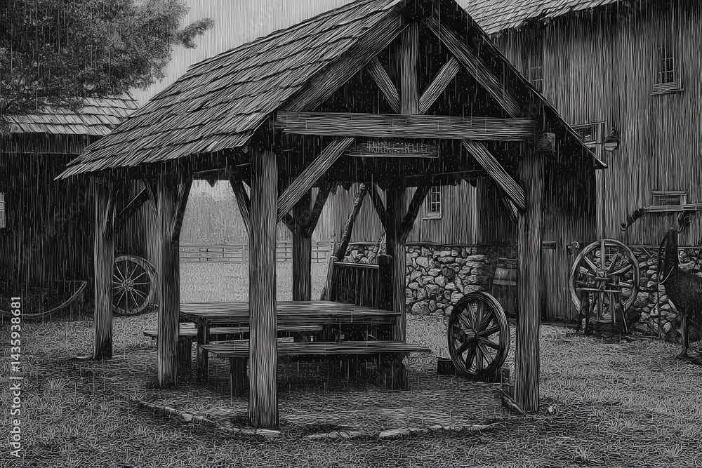 Rustic wooden gazebo in rainy old village, black and white photography