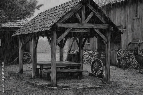 Obraz na płótnie Rustic wooden gazebo in rainy old village, black and white photography w salonie