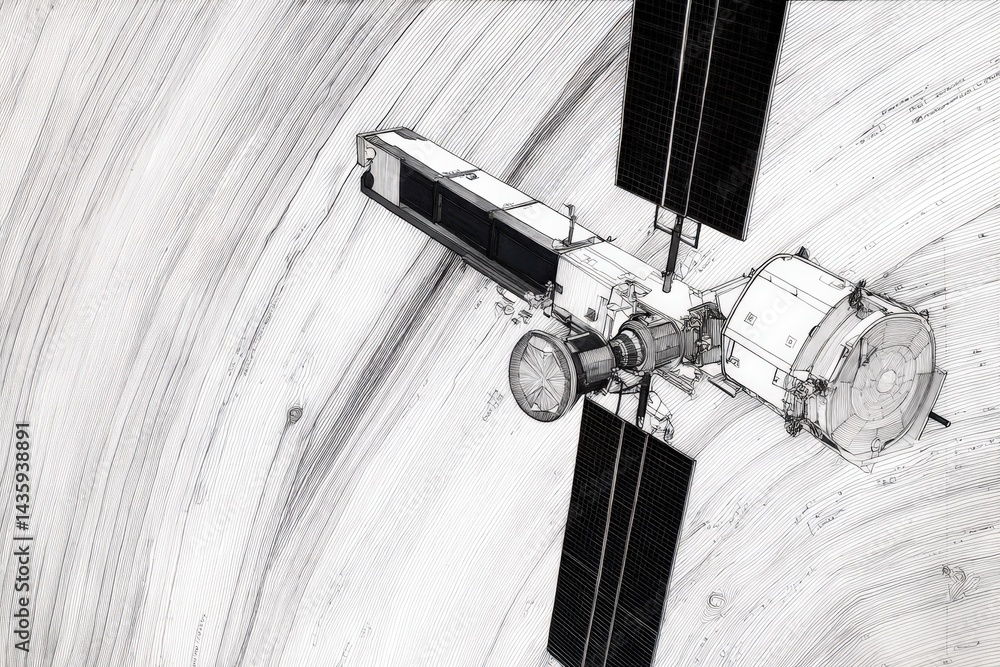 Satellite in Orbit with Solar Panels Against a Cosmic Background
