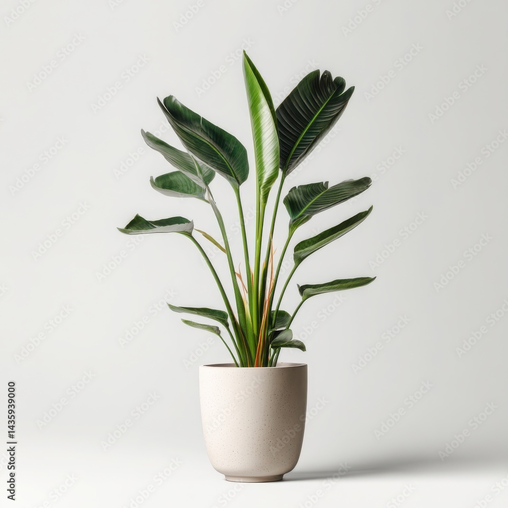 Close-up of a bird of paradise plant with green leaves in a white pot against a white background. green plant in a pot Close-up of a bird of paradise plant with green leaves in a white pot against a white background. green plant in a pot