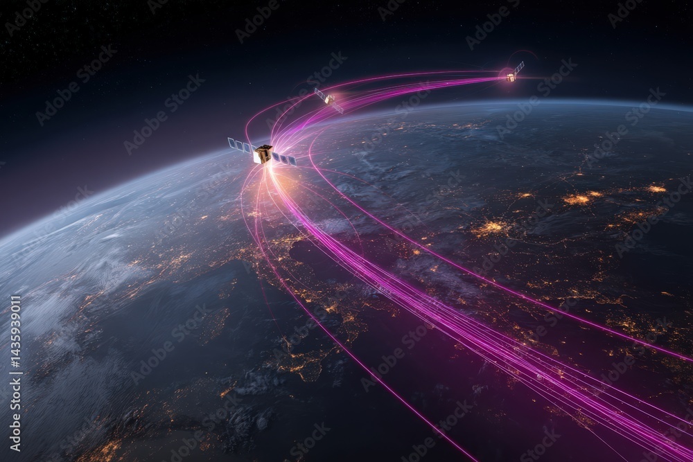 Satellites Orbiting Earth with Colorful Data Transmission Lines