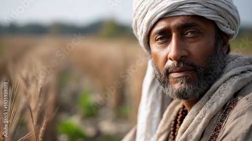 Portrait of a man in traditional clothing, gazing thoughtfully over a golden field during a serene afternoon in a rural landscape