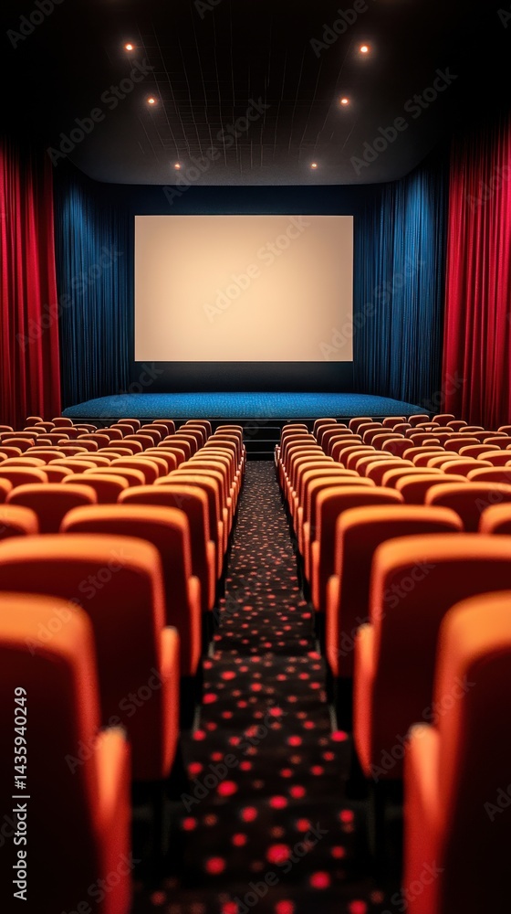 Fototapeta premium Empty cinema hall with orange seats and a large screen ready for movie presentations in a modern theater setting