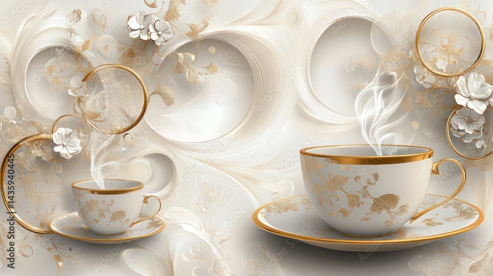 Decorative teacups, abstract background, swirls, flowers, elegance, digital art. Possible use Wallpaper, interior design inspiration Decorative teacups, abstract background, swirls, flowers, elegance, digital art. Possible use Wallpaper, interior design inspiration