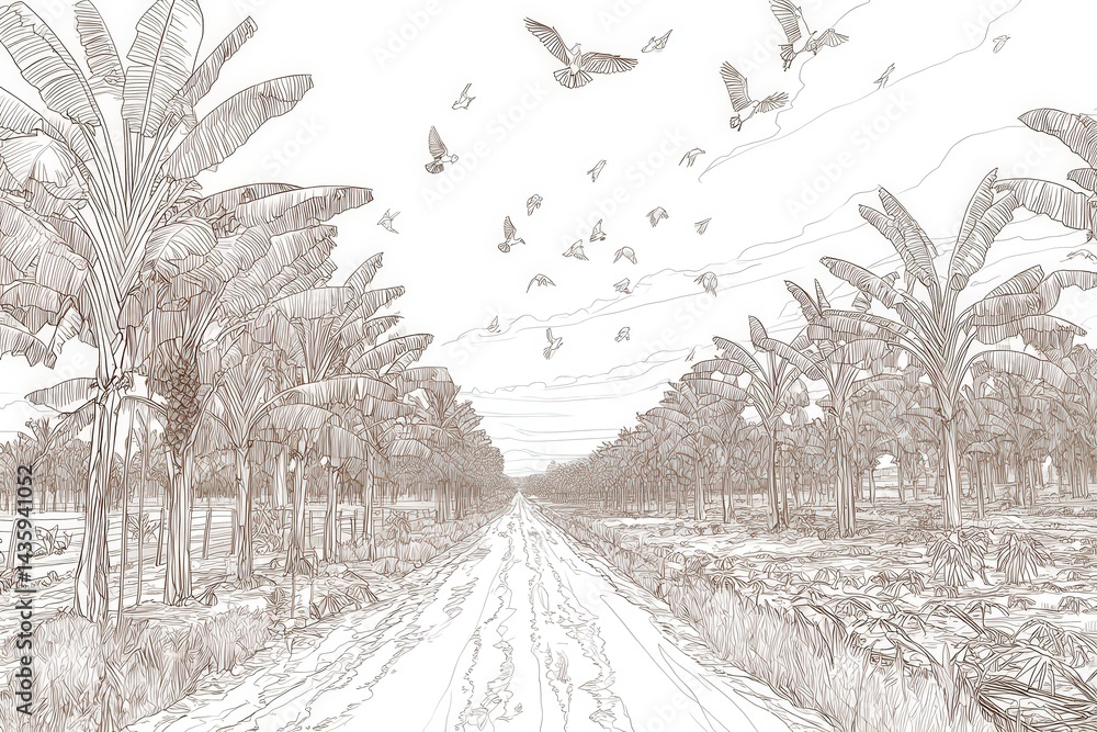 Serene Banana Grove Path with Birds in Tranquil Landscape